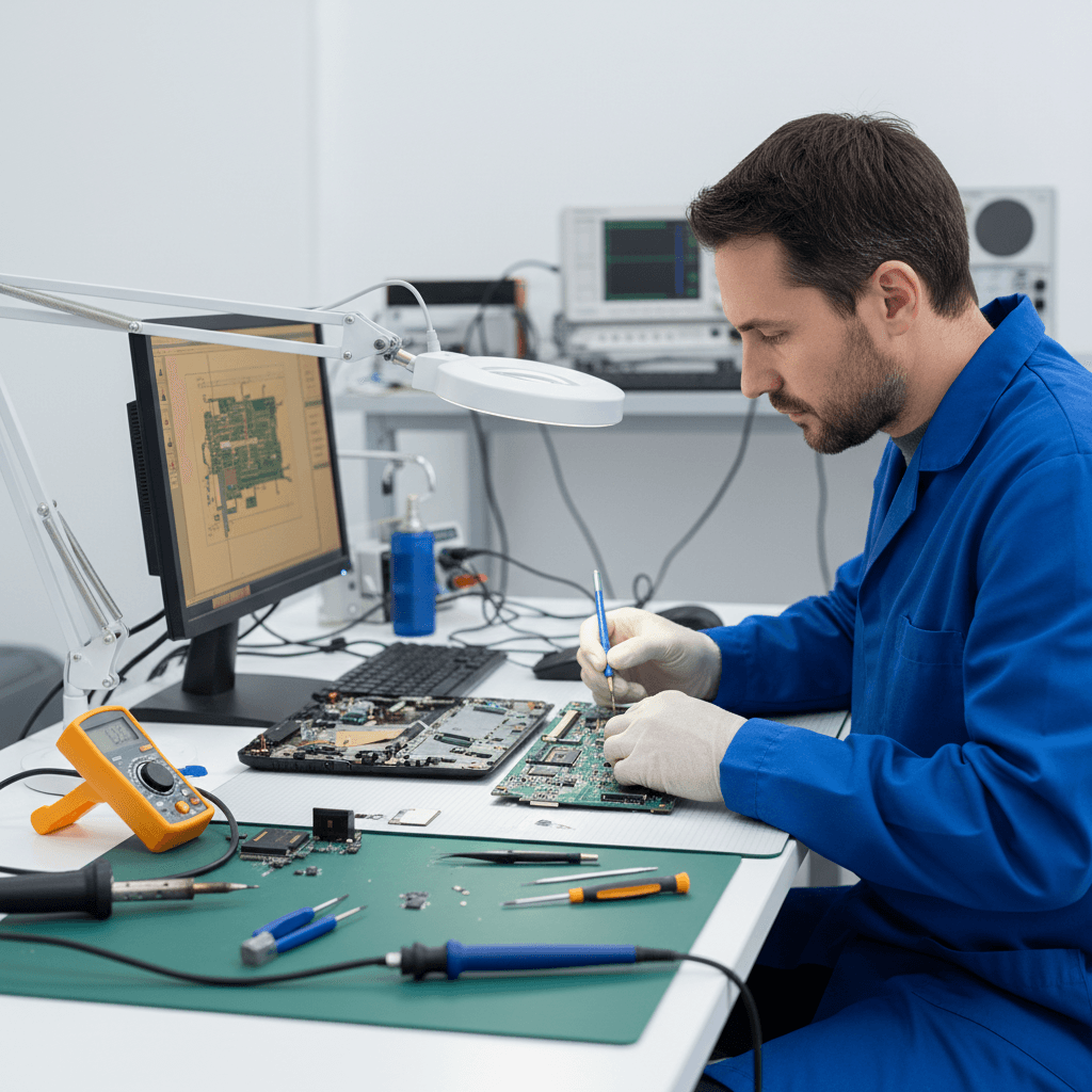 Reparación de placa base de notebook en laboratorio profesional