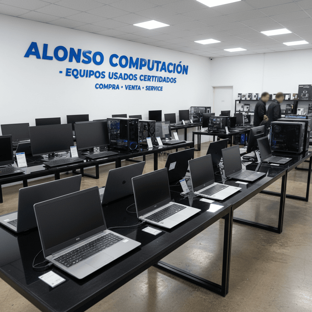 Display of pre-owned laptops and desktops in a showroom at Alonso Computacion in Buenos Aires.