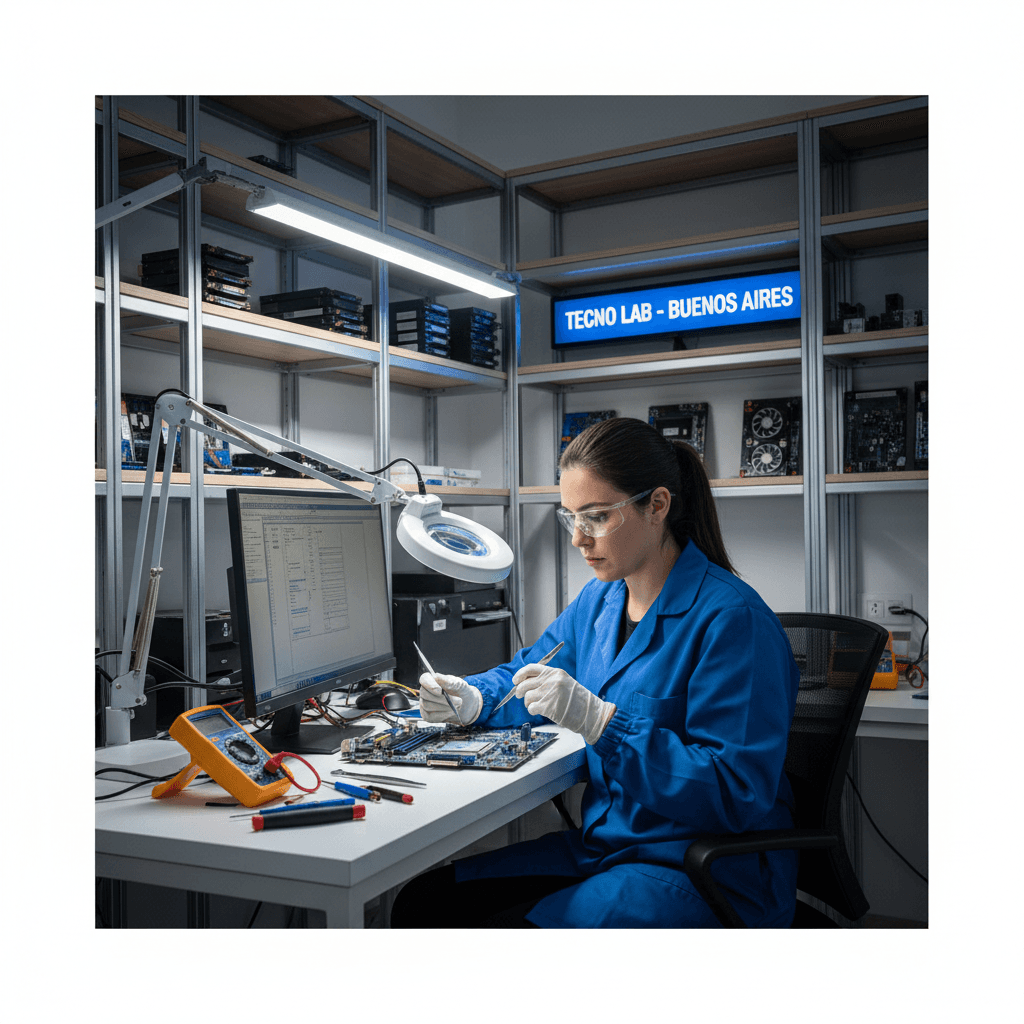 Technician providing expert technical advice on laptop motherboard in Buenos Aires lab