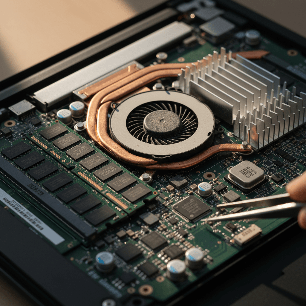 Detailed macro photograph of laptop circuit board components showing cooling system and internal hardware