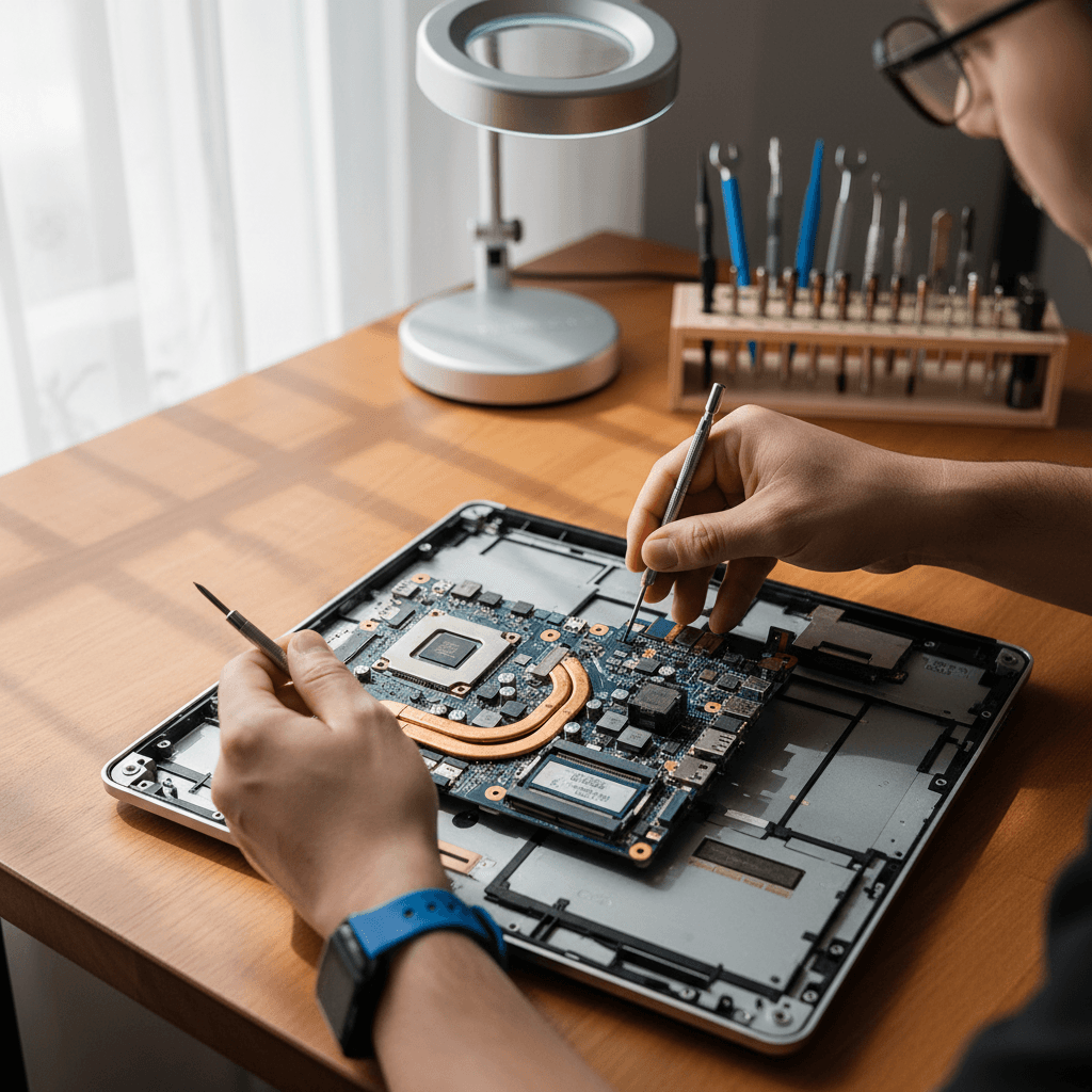 Técnico especializdo reparando placa base de notebook