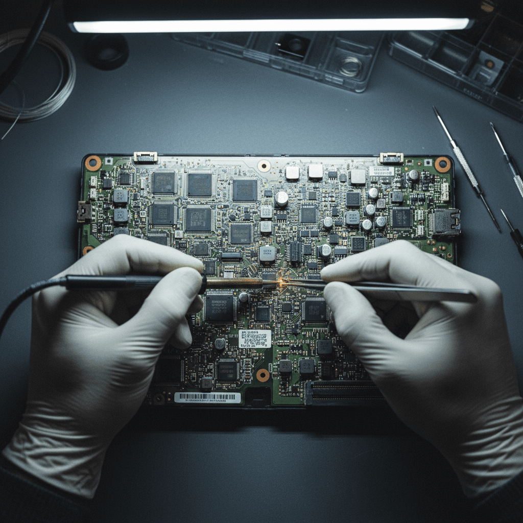 Technician's hands soldering computer motherboard components under bright LED work lights